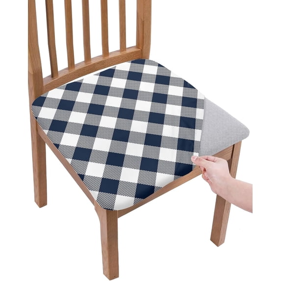 Dining Room Chair Seat Covers, Dark Blue and White Plaid Gingham Buffalo Check Removable Stretch Chair Seat Cushion Slipcovers Protector for Holiday Party Festival Decoration, Set of 6