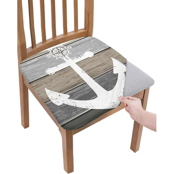 Dining Room Chair Seat Covers, Farmhouse Decoration Nautical Anchor Compass Vintage Wooden Earth Tone Removable Stretch Chair Seat Cushion Slipcovers Protector for Holiday Party, Set of 4