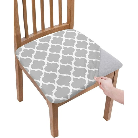 Dining Room Chair Seat Covers, Geometric Pattern Morocco Arts Gray Removable Stretch Chair Seat Cushion Slipcovers Protector for Holiday Party Festival Decoration, Set of 4