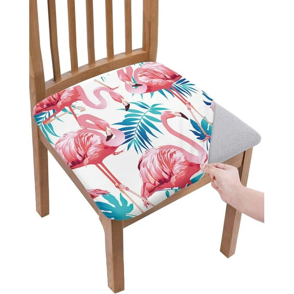 Dining Room Chair Seat Covers, Pink Flamingo with Blue Leaves Removable Stretch Chair Seat Cushion Slipcovers Protector for Holiday Party Festival Decoration, Set of 6