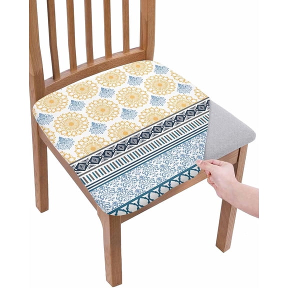 Dining Room Chair Seat Covers Set of 4 Bohemian Floral Geometric Stripe Removable Stretch Chair Seat Cushion Slipcovers Protector for Holiday Party Festival Decoration, Blue Yellow
