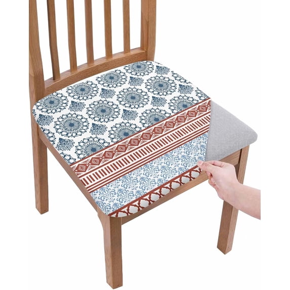 Dining Room Chair Seat Covers Set of 4 Bohemian Floral Geometric Stripe Removable Stretch Chair Seat Cushion Slipcovers Protector for Holiday Party Festival Decoration, Blue Yellow
