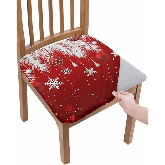 Dining Room Chair Seat Covers Set of 4, Christmas Snowflake Bell Red Gradient Removable Stretch Chair Seat Cushion Slipcovers Protector for Holiday Party Festival Decoration Silver Pine Leaves