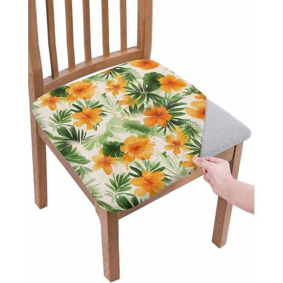 Dining Room Chair Seat Covers Set of 4 Hawaiian Hibiscus Flower Tropical Leaves Removable Stretch Chair Seat Cushion Slipcovers Protector for Holiday Party Festival Decoration, Summer Orange Green