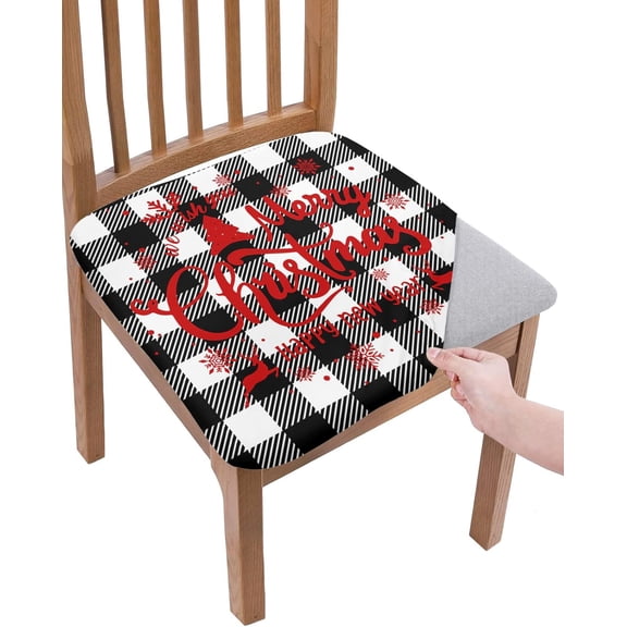 Dining Room Chair Seat Covers Set of 4, Red Merry Christmas Happy New Year Removable Stretch Chair Seat Cushion Slipcovers Protector for Holiday Party Decoration Retro Buffalo Black and White Plaid