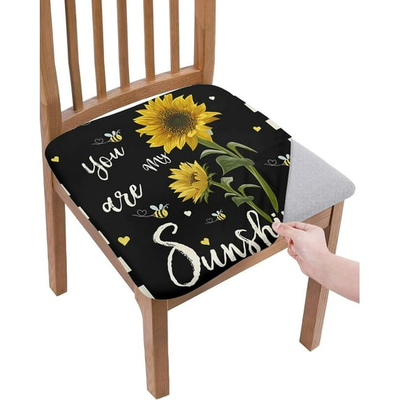Dining Room Chair Seat Covers, My Sunshine Sunflower Black Buffalo Check Plaid Vintage Summer Floral Print Removable Stretch Chair Seat Cushion Slipcovers Protector for Holiday Party, Set of 6