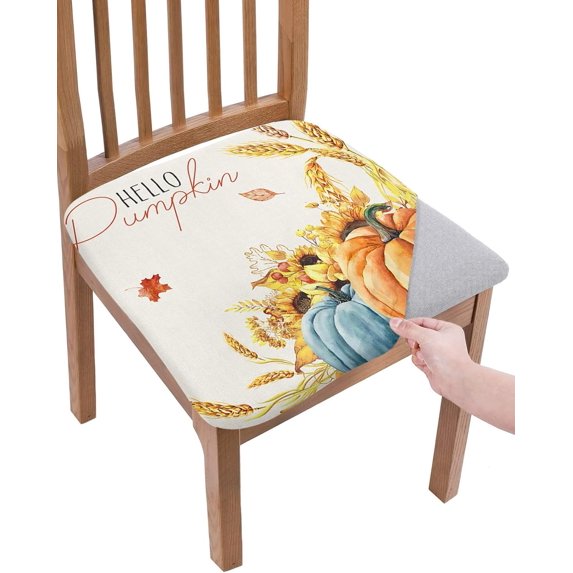 Dining Room Chair Seat Covers, Thanksgiving Hello Pumpkin Fall Sumflower Maple Leaf Removable Stretch Chair Seat Cushion Slipcovers Protector for Holiday Party Festival Decoration, Set of 4