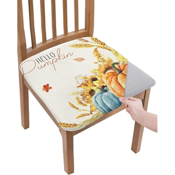 Dining Room Chair Seat Covers, Thanksgiving Hello Pumpkin Fall Sumflower Maple Leaf Removable Stretch Chair Seat Cushion Slipcovers Protector for Holiday Party Festival Decoration, Set of 4