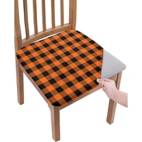 Dining Room Chair Seat Covers, Thanksgiving Orange Black Plaid Buffalo Check Farmhouse Decoration Removable Stretch Chair Seat Cushion Slipcovers Protector for Holiday Party, Set of 2