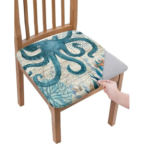 Dining Room Chair Seat Covers, Underwater World Retro Watercolor Octopus Seaweed Blue Removable Stretch Cushion Slipcovers Protector for Holiday Party Festival Decoration, Set of 4