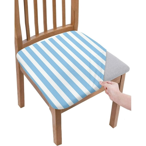 Dining Room Chair Seat Covers, Vertical Stripes Blue and White Geometric Pattern Removable Stretch Chair Seat Cushion Slipcovers Protector for Holiday Party Festival Decoration, Set of 6
