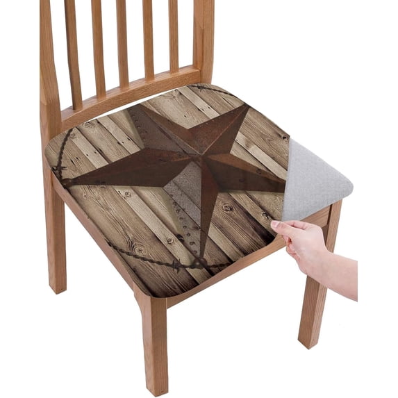 Dining Room Chair Seat Covers, Vintage Western Star Rustic Old Wooden Plank Board Brown Removable Stretch Chair Seat Cushion Slipcovers Protector for Holiday Party Festival Decoration, Set of 4