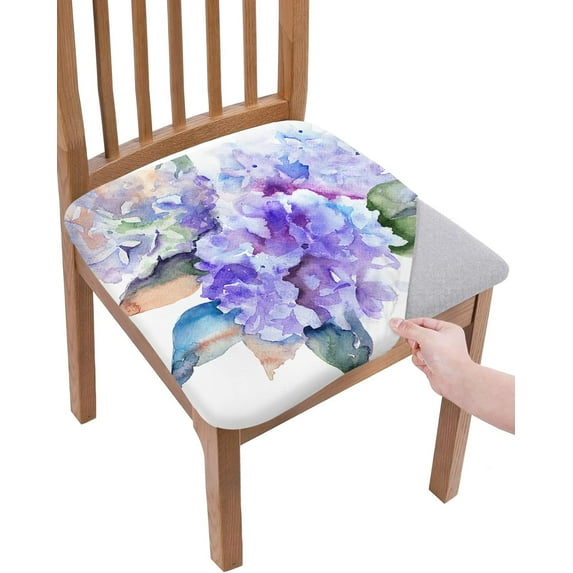 Dining Room Chair Seat Covers, Watercolor Hydrangea Flower Purple Floral Painting Removable Stretch Chair Seat Cushion Slipcovers Protector for Holiday Party Festival Decoration, Set of 4