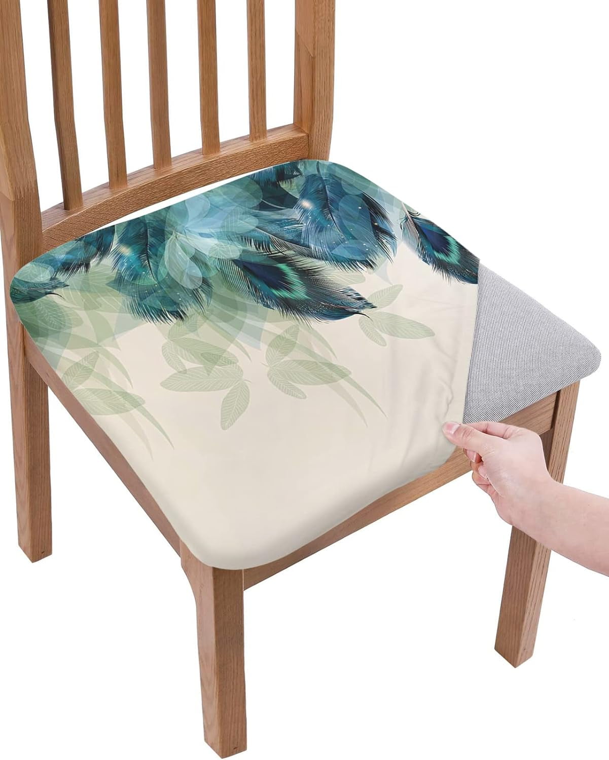 Dining Room Chair Seat Covers, Watercolor Peacock Feather Teal Blue