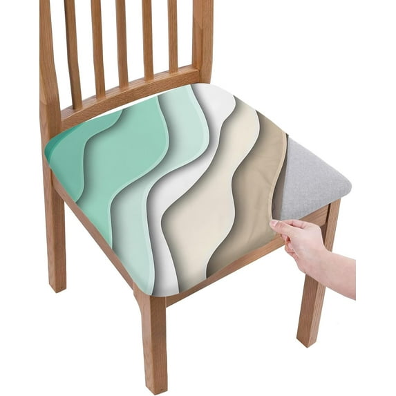 Dining Room Chair Seat Covers, Wave Pattern Abstract Geometric Pattern Gradient Turquoise Brown Removable Stretch Chair Seat Cushion Slipcovers Protector for Holiday Party Festival, Set of 4