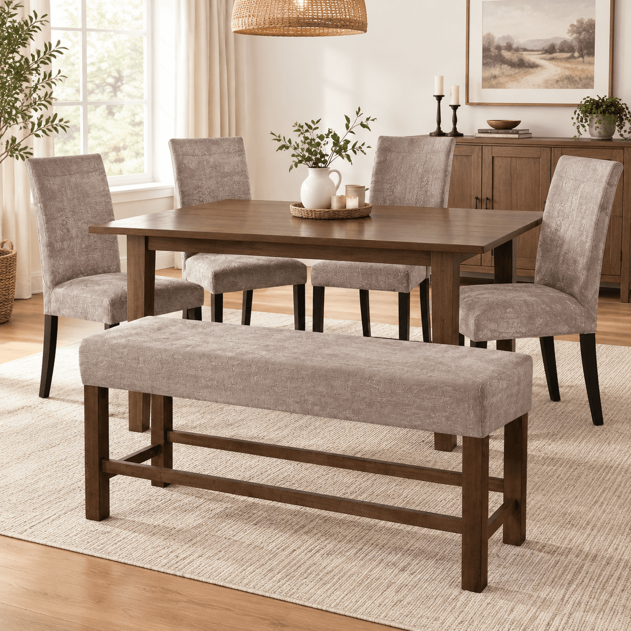Dining Room Chair Slipcover Set, 4 Covers + Bench, Washable Stretch ...