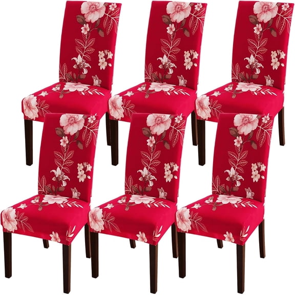 Dining Room Chair Slipcovers Set of 6, Stretch Soft Spandex Removable Washable Chair Slipcovers for Dining Room (Beautiful Years Red, Set of 6)