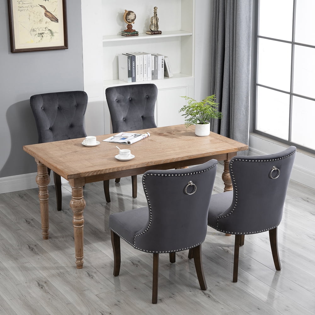 Gray Tufted Faux Leather Dining Chairs with Wood Legs, Set of 4