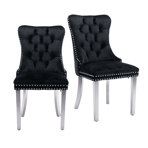 Dining Room Chairs with Velvet Fabric Dining Chairs with Chrome Stainless Steel Plating Legs, Backrest and Button Velvet Fabric Design,Luxury Home Furniture for Dining Room(Black Set of 2)