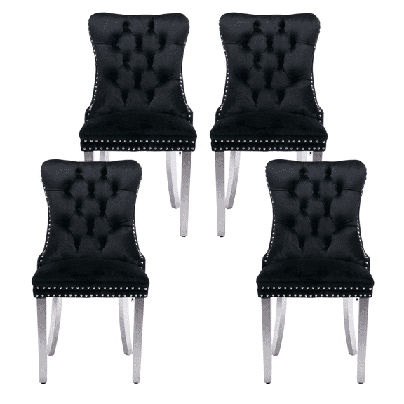 Dining Room Chairs with Velvet Fabric Dining Chairs with Chrome Stainless Steel Plating Legs, Backrest and Button Velvet Fabric Design,Luxury Home Furniture for Dining Room(Black Set of 4)