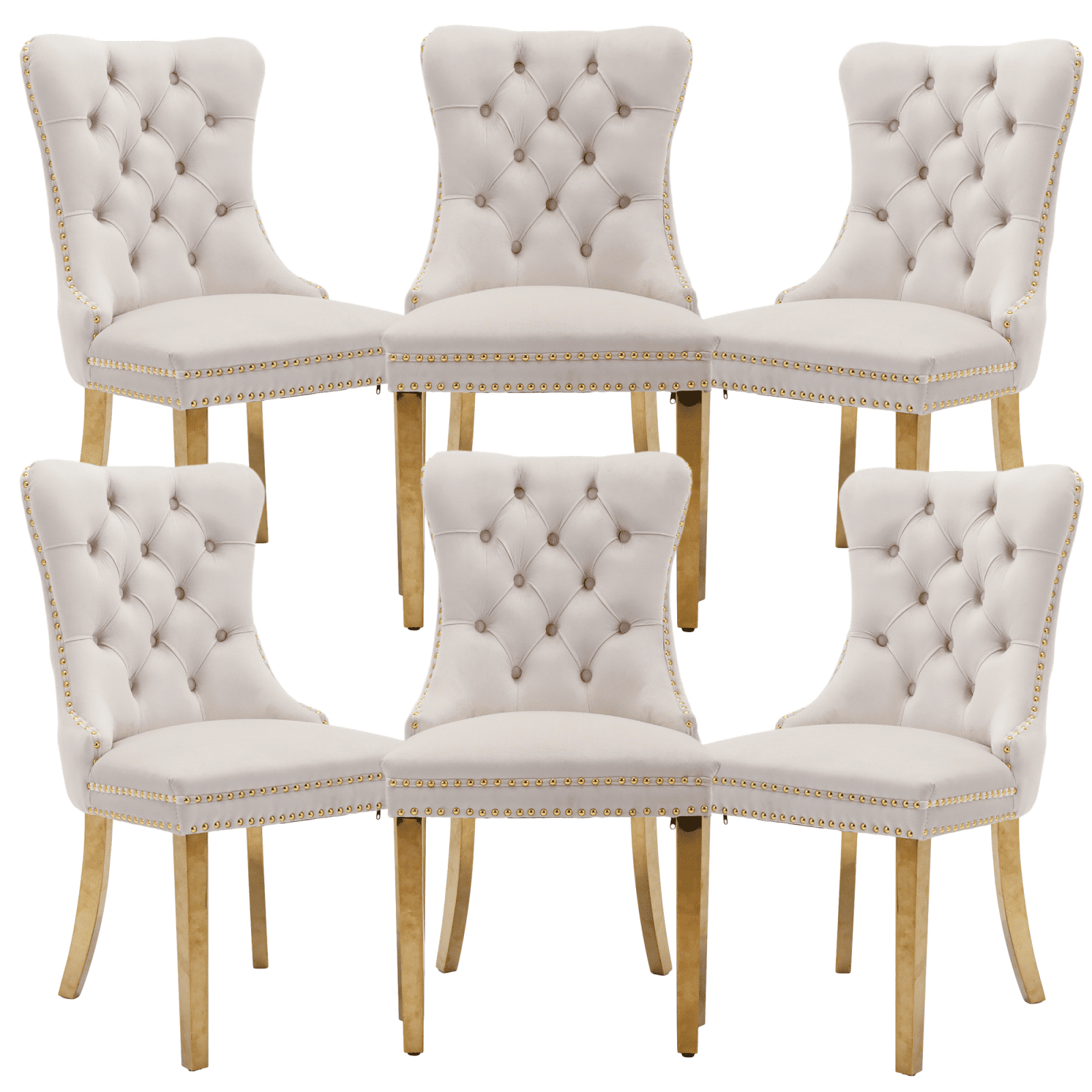 Dining Room Chairs with Velvet Fabric Dining Chairs with Golden Stainless Steel Plating Legs, Backrest and Button Velvet Fabric Design,Luxury Home Furniture for Dining Room(Beige Set of 6)