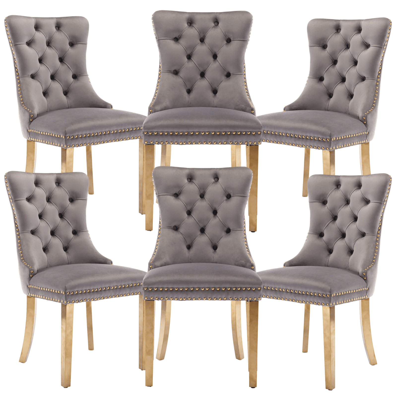 Dining Room Chairs with Velvet Fabric Dining Chairs with Golden Stainless Steel Plating Legs, Backrest and Button Velvet Fabric Design,Luxury Home Furniture for Dining Room(Gray Set of 6)
