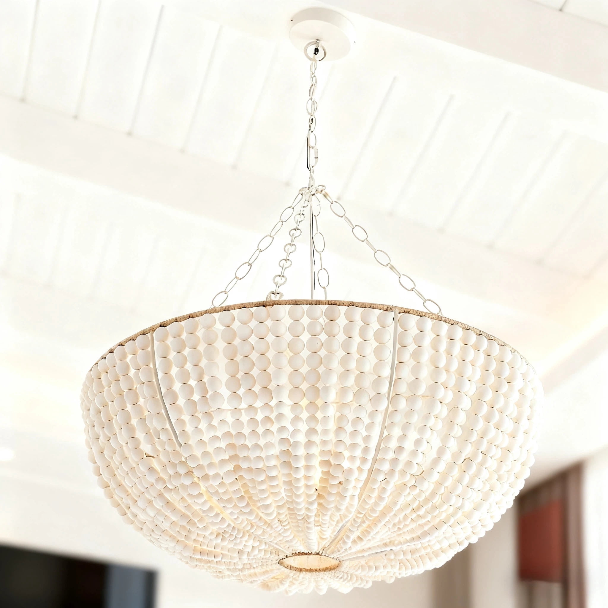 Coastal Ivory Round Wood Bead Chandelier, Natural Ceiling Lamp, Elegant Ceiling Light, Hand-weaved Light Fixture over Kitchen Island, for Living Room, Dining Room, Bedroom