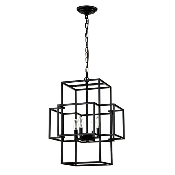 Dining Room Chandeliers 4-Light Metal Lantern Tiered Pendant Hanging Light Fixtures, Industrial Farmhouse Adjustable Height Chandeliers for Dining Room Hallway Foyer Entryway--Matte Black (E12 Bulbs