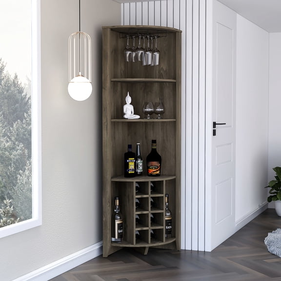 Dining Room Corner Bar Cabinet | Multiple Shelves and Wine Holder | Particle Board Construction | Cures Storage Problems in Dining Areas