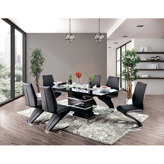 Dining Room Furniture Dining Table w Leaf and 6 Side Chairs 7pc Dining Set Black Leatherette Z Design Chair High Gloss Lacquer Metal