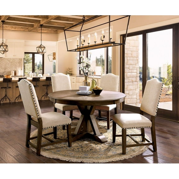 Dining Room Furniture Rustic 5pc Dining Set Round Table 4x Dining Chairs Light Oak Beige Upholstered Seat Chairs Transitional