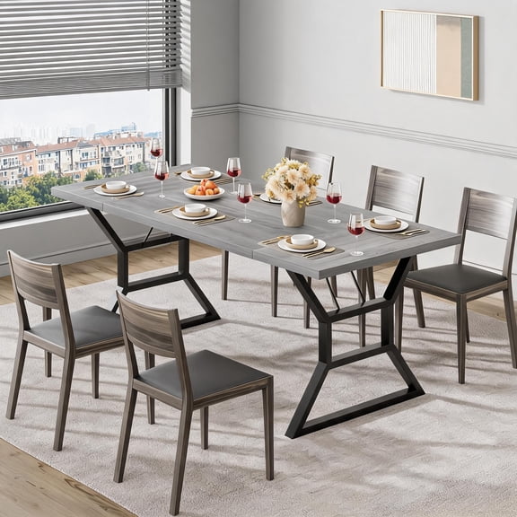 Dining Room Kitchen Table with Distressed Wooden Top, Black Metal Geometric Legs, Seats 6
