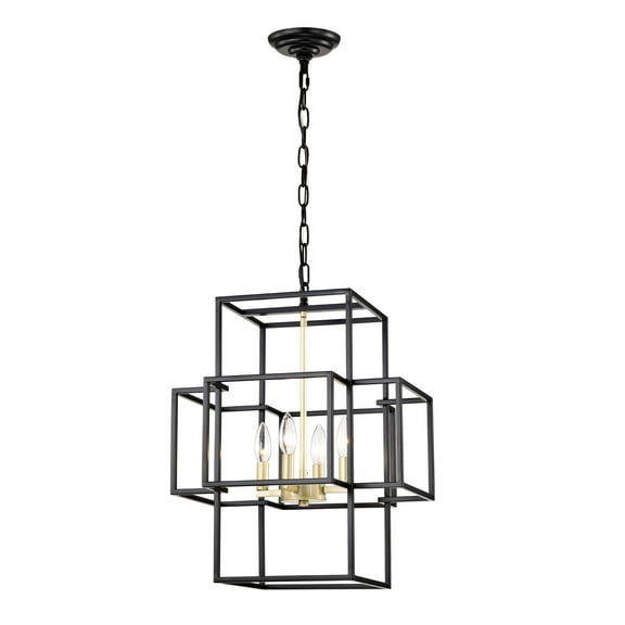 Dining Room Light 4-Light Metal Lantern Tiered Pendant Hanging Light Fixtures, Industrial Farmhouse Adjustable Height Chandeliers for Dining Room Hallway Foyer Entryway--Matte Black & Gold (E12 Bulb