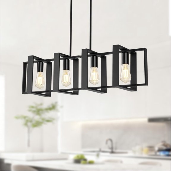 Dining Room Light Fixture, 4-Light Kitchen Island Lighting, Height Adjustable Island Lights For Kitchen, Black Linear Chandeliers For Dining Room, Metal Farmhouse Chandelier for Living Room(No Bulb)