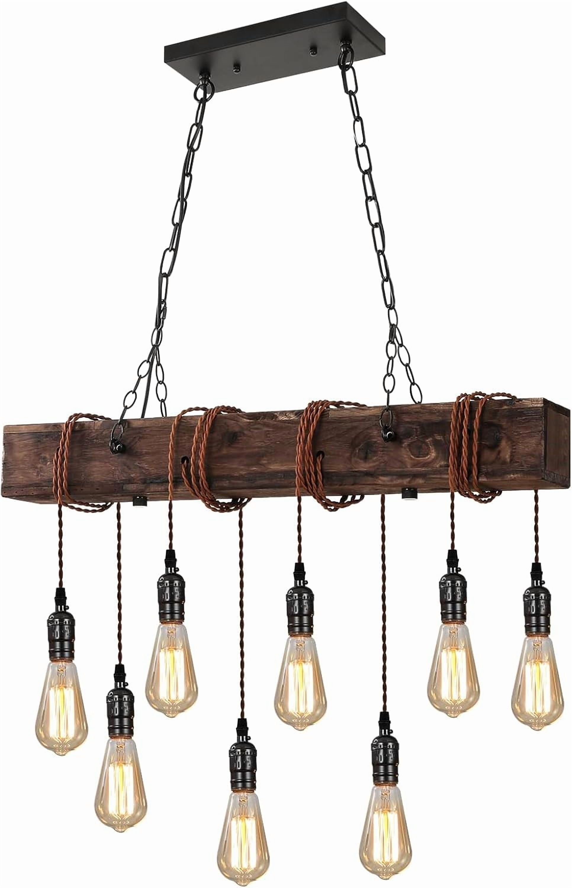 Dining Room Light Fixture, Farmhouse Pendant Lights Kitchen Island Rustic 8 Lights Wood and Black Metal Rectangular Chandelier Ceiling Hanging Lighting