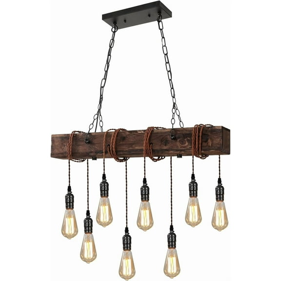 Dining Room Light Fixture, Farmhouse Pendant Lights Kitchen Island Rustic 8 Lights Wood and Black Metal Rectangular Chandelier Ceiling Hanging Lighting