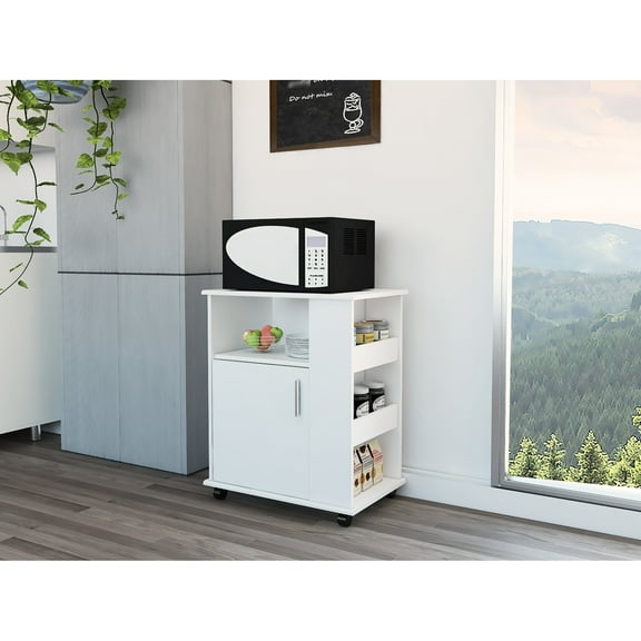 Dining Room Microwave Cabinet In White With Three Side Shelves And Storage Area Particle Board For Space,