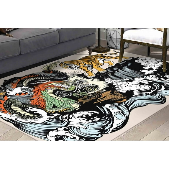 Dining Room Rugs, Animal Rugs, Kitchen Rugs, Dragon Vs Tiger Rug, Japanese Tiger and Dragon Rugs, Dragon Rug, Tiger Rugs, Gift For Him Rugs, 3.3'x9.2' - 100x280 cm