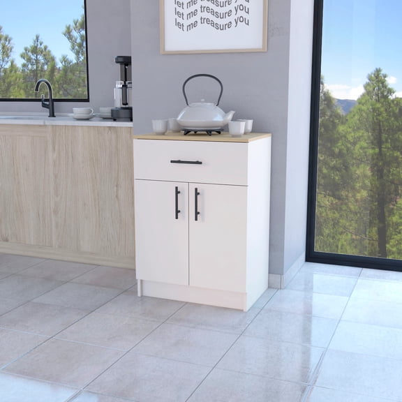 Dining Room Server Ivory and Natural Oak 2-Door Kitchen Pantry with 1 Drawer,Sideboard For Dining Room