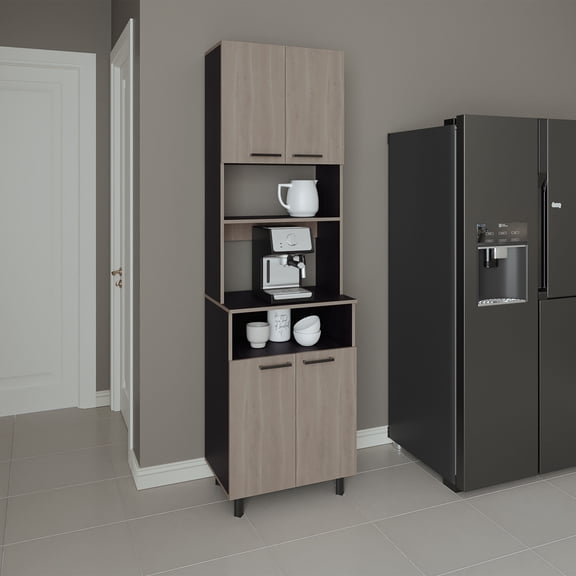 Dining Room Server Kitchen Pantry, 4 Doors, 4 Legs, 4 Shelves, White Oak / Black Wengue,Sideboard For Dining Room