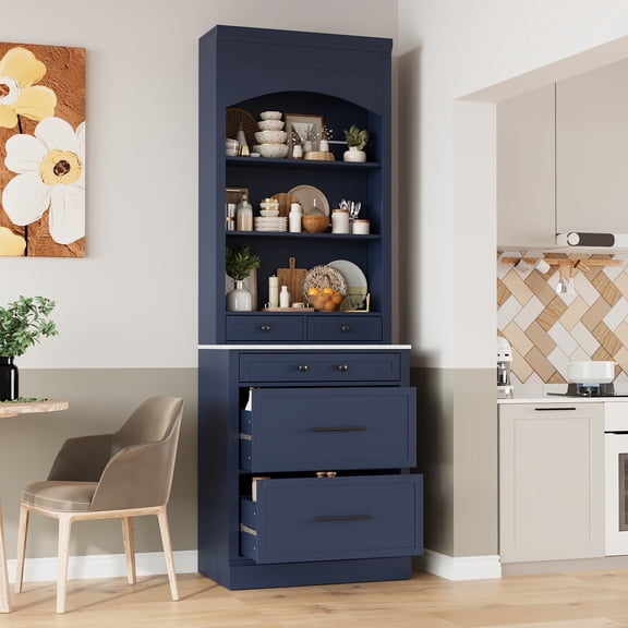 Dining Room Server TOPMAX Modern 83.7inch High Kitchen Pantry, Freestanding Tall Kitchen Hutch with Faux Marble Top, Display Cupboard Cabinet with 5 Storage Drawers and Adjustable Shelf, Blue,Sidebo