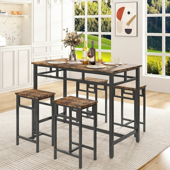 Dining Room Set for 4, Kitchen Bar Table Set with 4 Stools, Rectangle Counter Height Dining Set, Saving Space Bistro Table Sets for Kitchen Bar Breakfast Nook, Brown