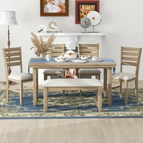 Dining Room Set for 6, Atumon Dining Table Set with 4 Upholstered Chairs and Bench, 6 Piece Wood Dining Table Set, Farmhouse Dining Table Set Furniture for Dining Room, Beige Cushion   Natural Frame
