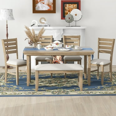 Dining Room Set for 6, Atumon Dining Table Set with 4 Upholstered Chairs and Bench, 6 Piece Wood Dining Table Set, Farmhouse Dining Table Set Furniture for Dining Room, Beige Cushion + Natural Frame