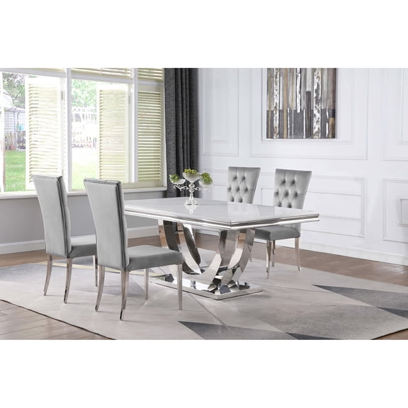 Dining Room Set, Grey Velvet Upholstered Chairs and White Faux Marble Rectangular Table with Polished Chrome Pedestal Base, 71"L x 42"W x 30"H, 5-Piece Modern Glam Dining Set