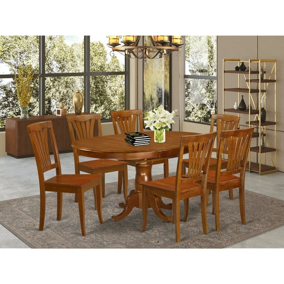 Dining Room Set - Kitchen Dinette Table And Dining Chairs-Finish:Saddle Brown,Number of Items:7,Shape:Oval,Style:Wood Seat