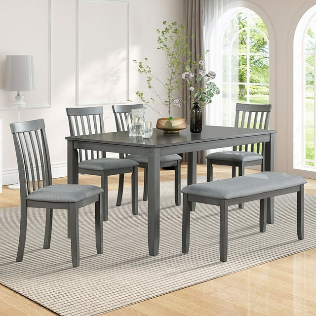 Dining Room Set, LEGAHOME 6 Piece Dining Sets with Bench and Chairs, Solid Wood Kitchen Dining Table Set for 6 with Upholstered Chairs, Gray