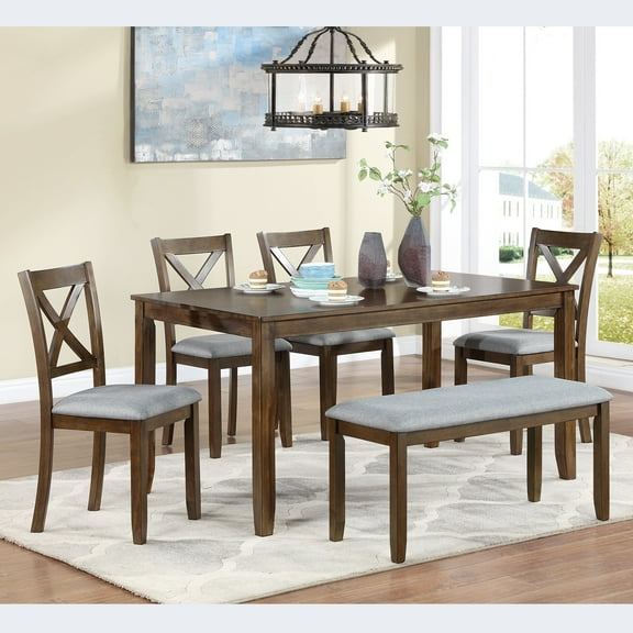 Dining Room Set, LEGAHOME 6 Piece Dining Sets with Bench and Chairs, Solid Wood Kitchen Dining Table Set for 6 with Upholstered Chairs, Walnut