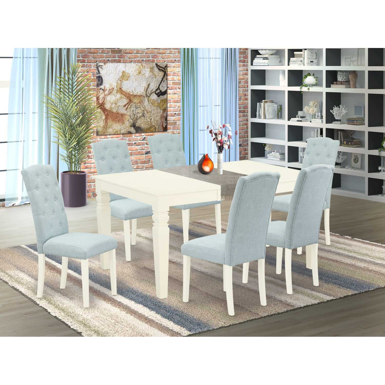 Linen White 7-Piece Dining Set with Baby Blue Chairs