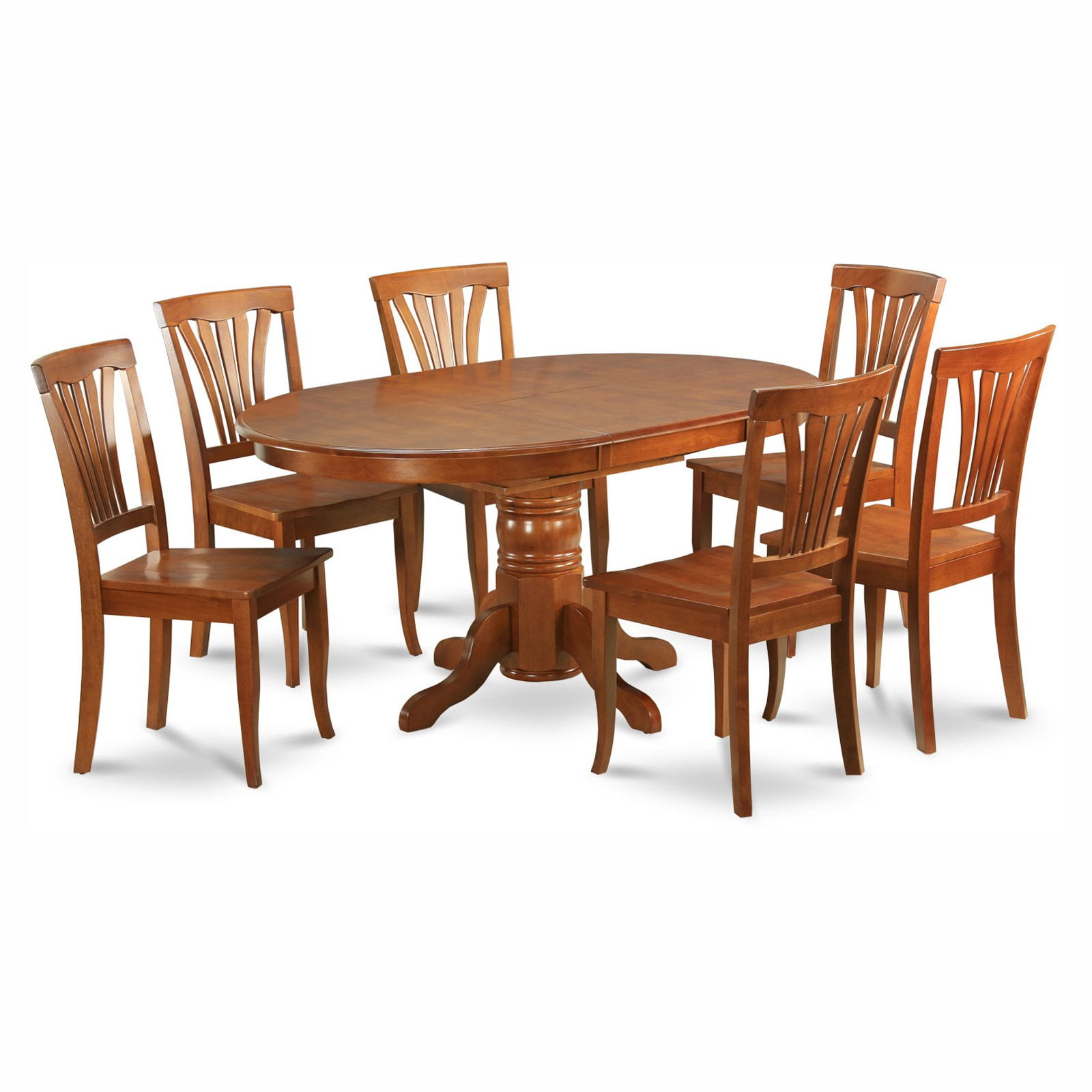 Saddle Brown Oval Wood Dining Table Set with 6 Faux Leather Chairs